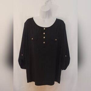 PerSeption Women Black Top With Silver Buttons 3/4 Sleeves Split Neck Size 1X